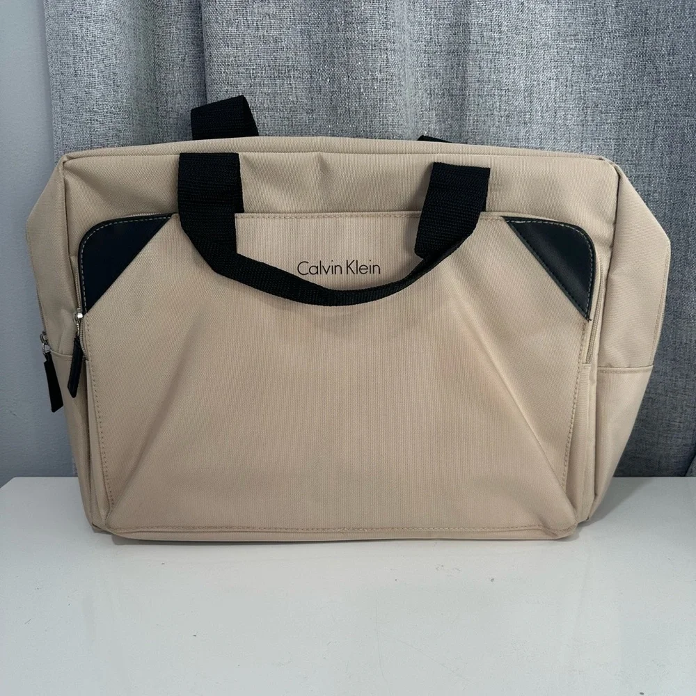 Calvin Klein Tan and Black Laptop Bag with Sturdy Fabric